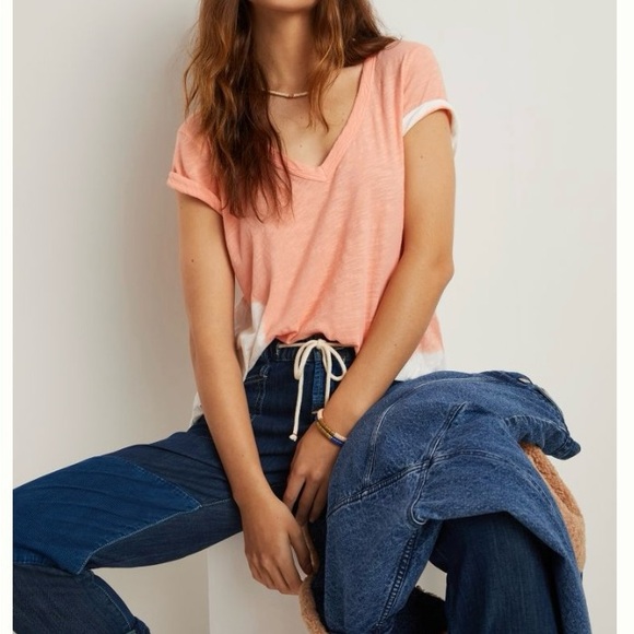 Anthropologie Left Of Center Ombre Dip Dyed Tee Coral/White XS - Picture 1 of 6
